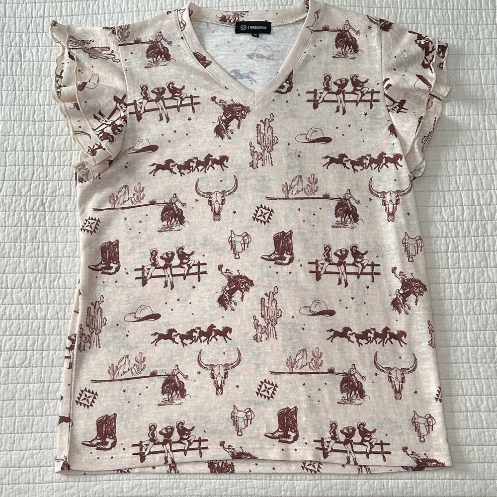 Cream Western Print Flutter Sleeve Top